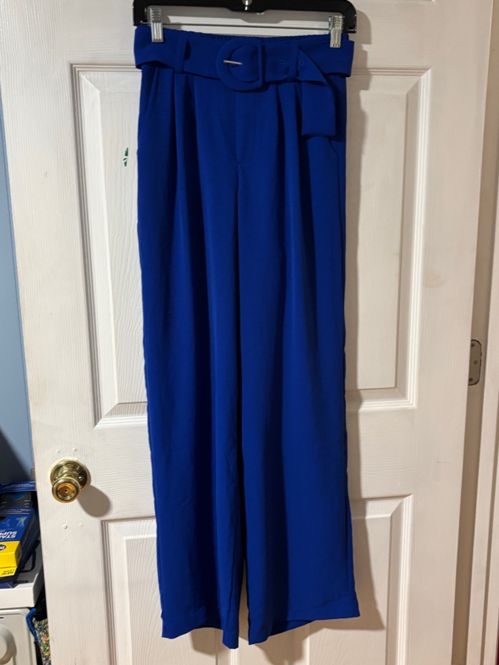 Tulléa High-Waist Wide Leg Elastic Waistband Pants with Belt - Royal Blue S